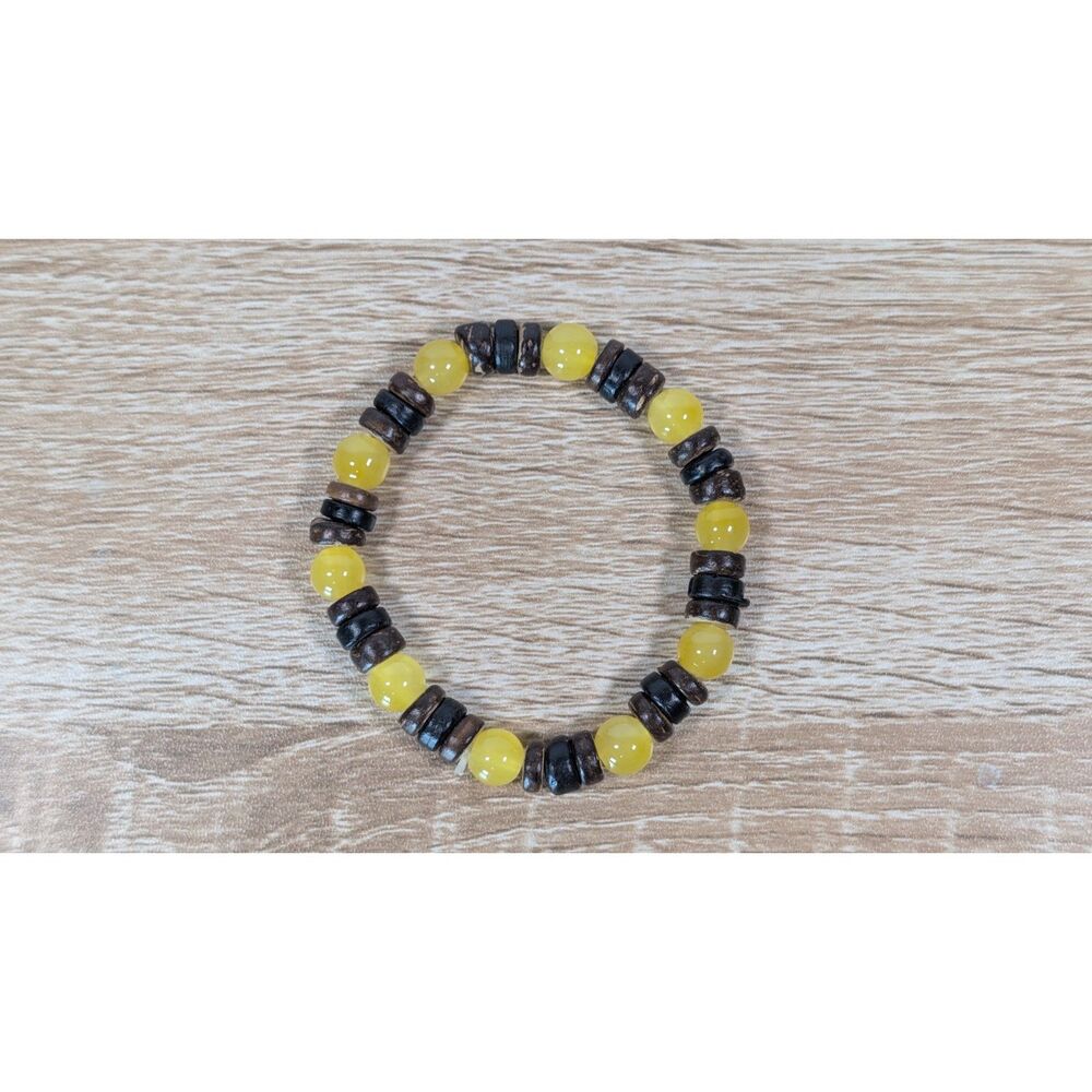 Yellow Bead Stretch Bracelet Wood Spacers Boho Unisex Elastic Bracelet